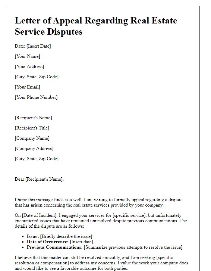 Letter template of appeal regarding real estate service disputes.