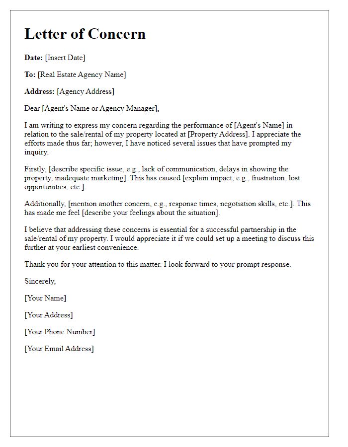 Letter template of concern regarding real estate agent performance.