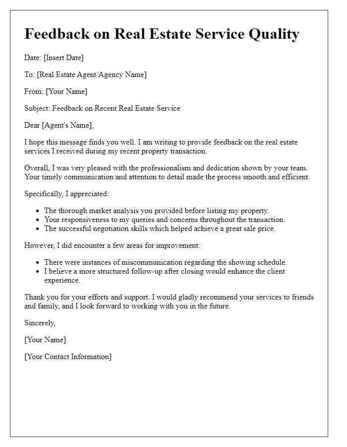 Letter template of feedback on real estate service quality.