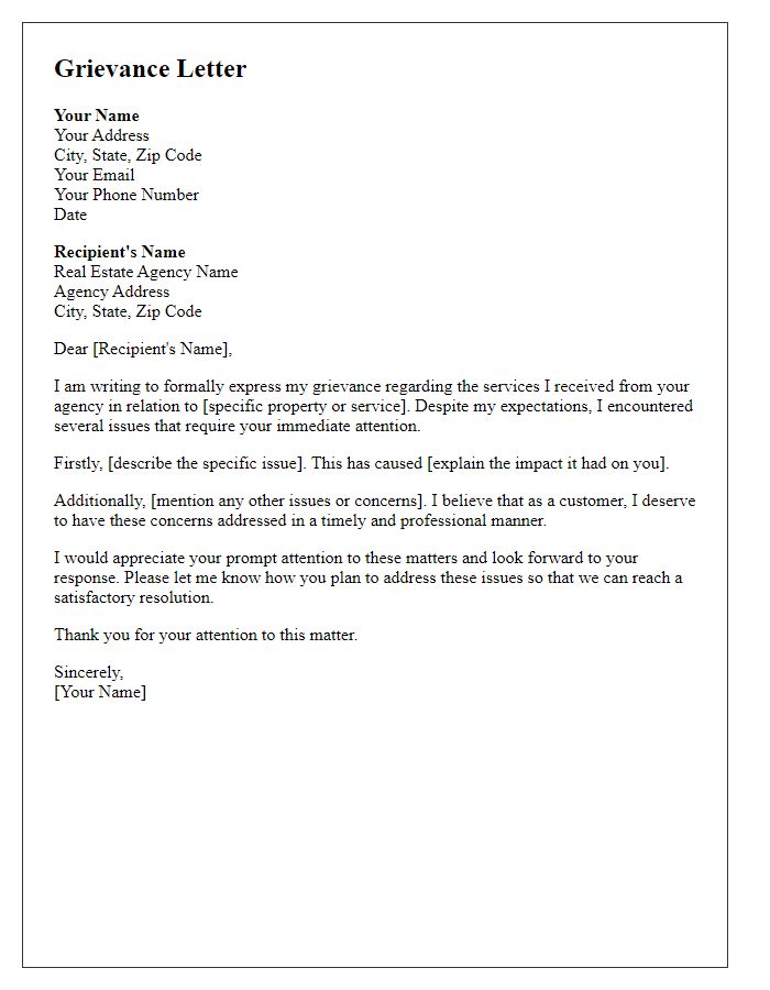 Letter template of grievance regarding real estate services.