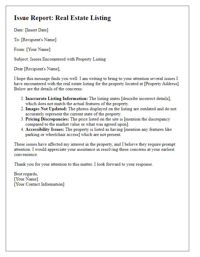 Letter template of issues encountered with real estate listing.