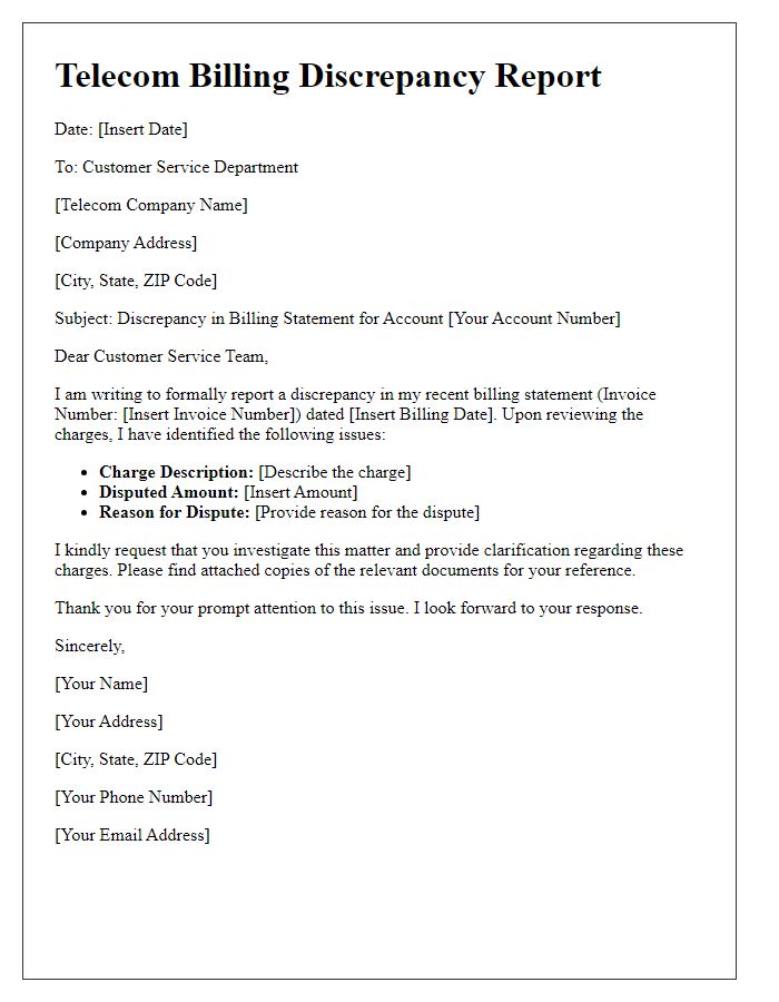 Letter template of telecom billing discrepancy report