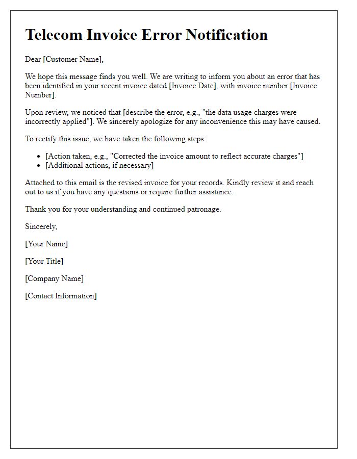 Letter template of telecom invoice error notification