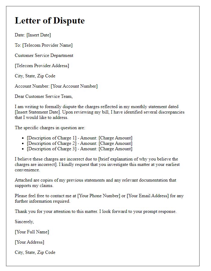 Letter template of telecom monthly statement dispute