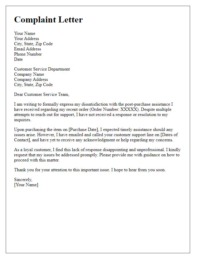 Letter template of complaint about unresponsive post-purchase assistance