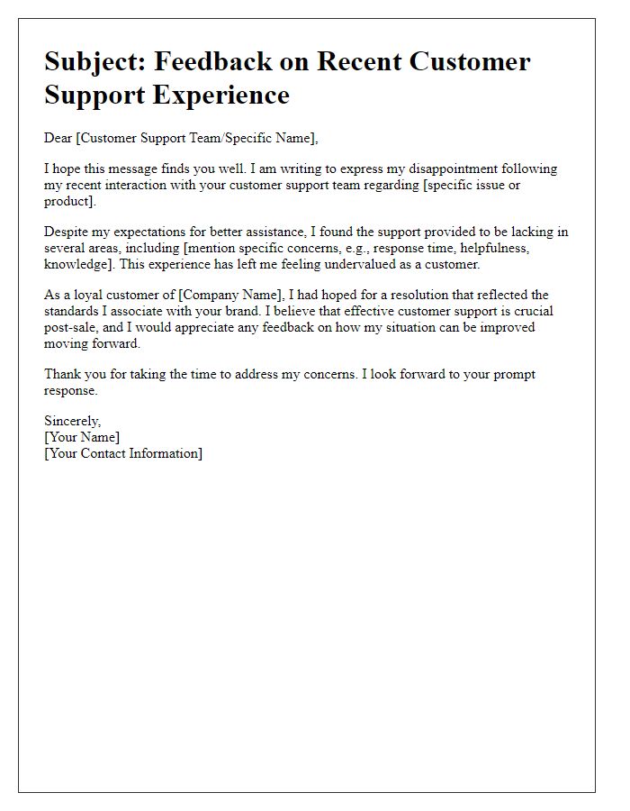 Letter template of disappointment in customer support post-sale