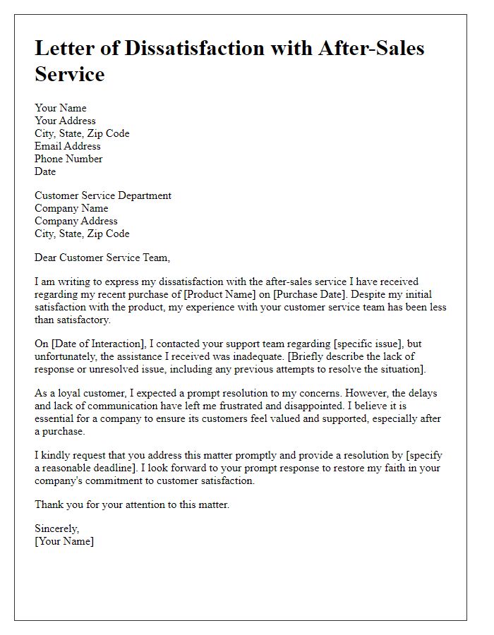 Letter template of dissatisfaction with after-sales service