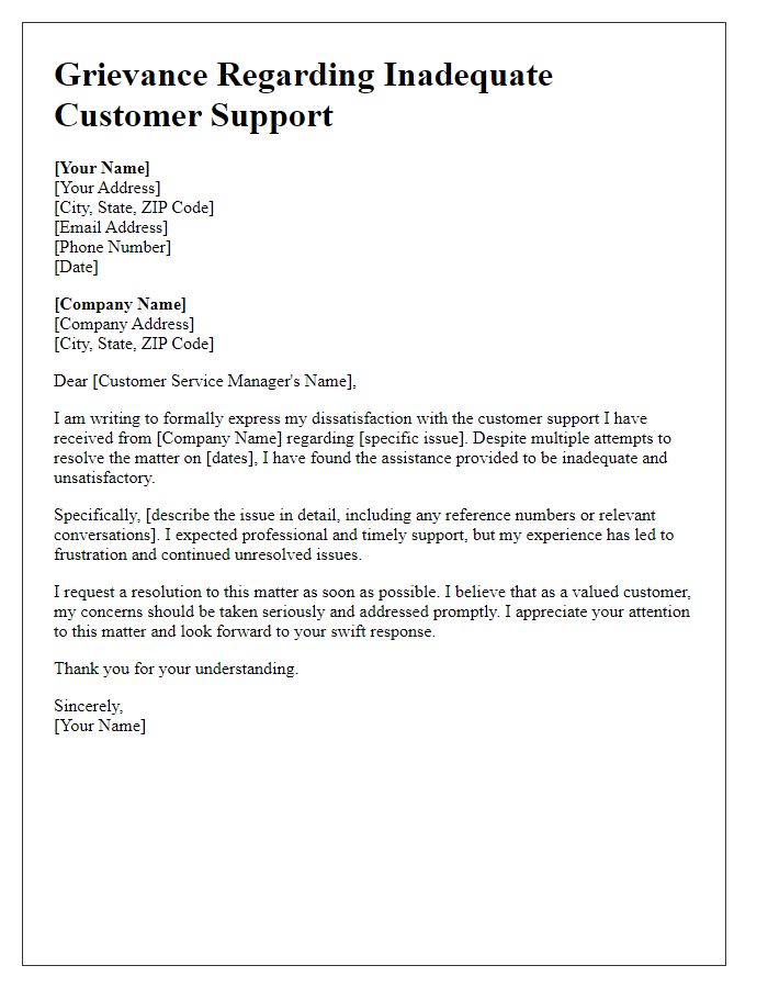 Letter template of grievance regarding inadequate customer support