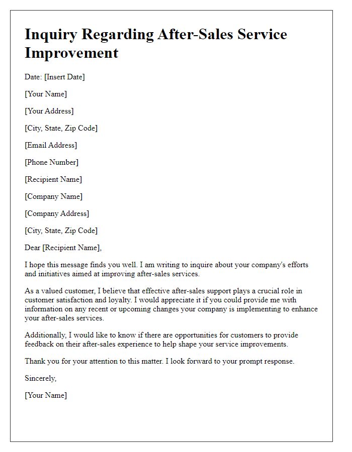 Letter template of inquiry about after-sales service improvement