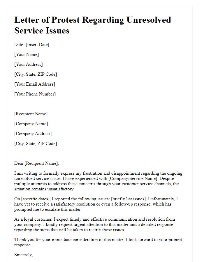 Letter template of protest regarding unresolved service issues