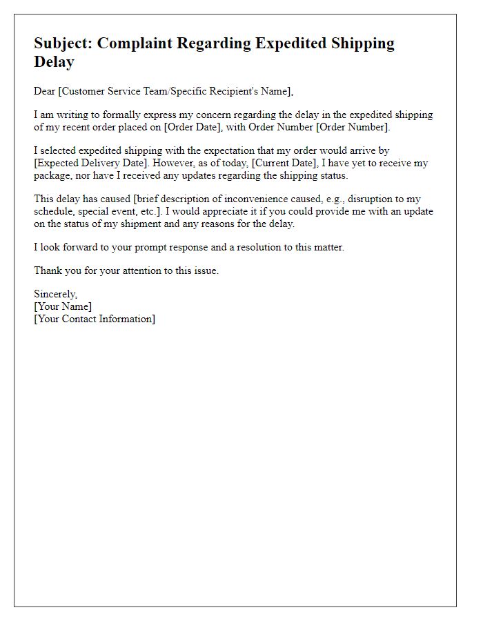 Letter template of expedited shipping delay complaint for online retail purchase.