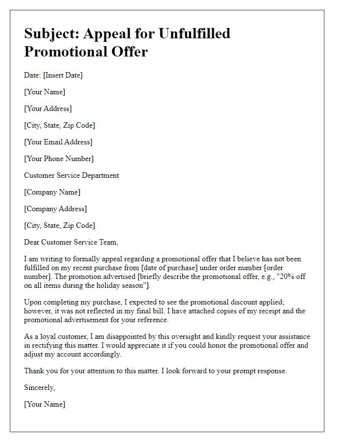 Letter template of appeal for unfulfilled promotional offer.