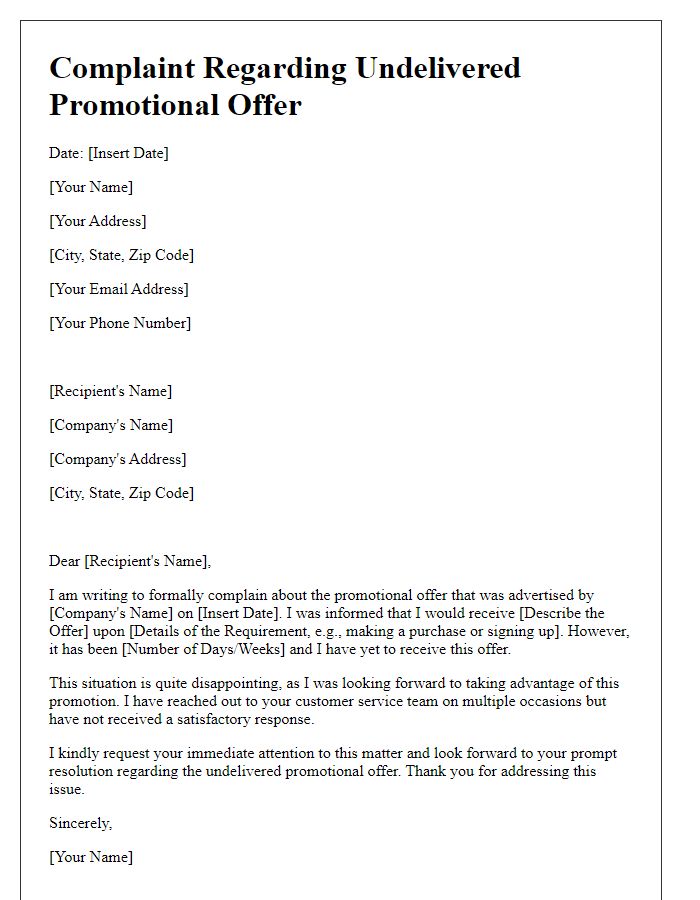 Letter template of complaint regarding undelivered promotional offer.