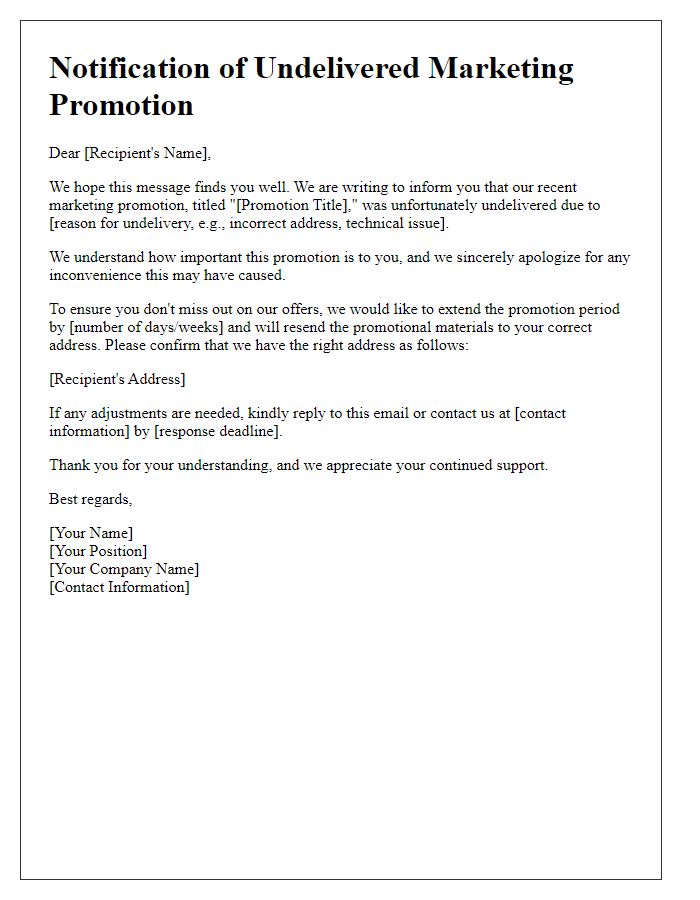 Letter template of notification for undelivered marketing promotion.