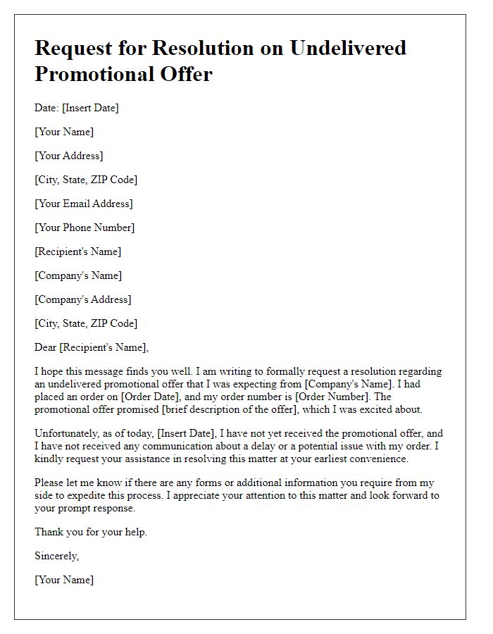 Letter template of request for resolution on undelivered promotional offer.