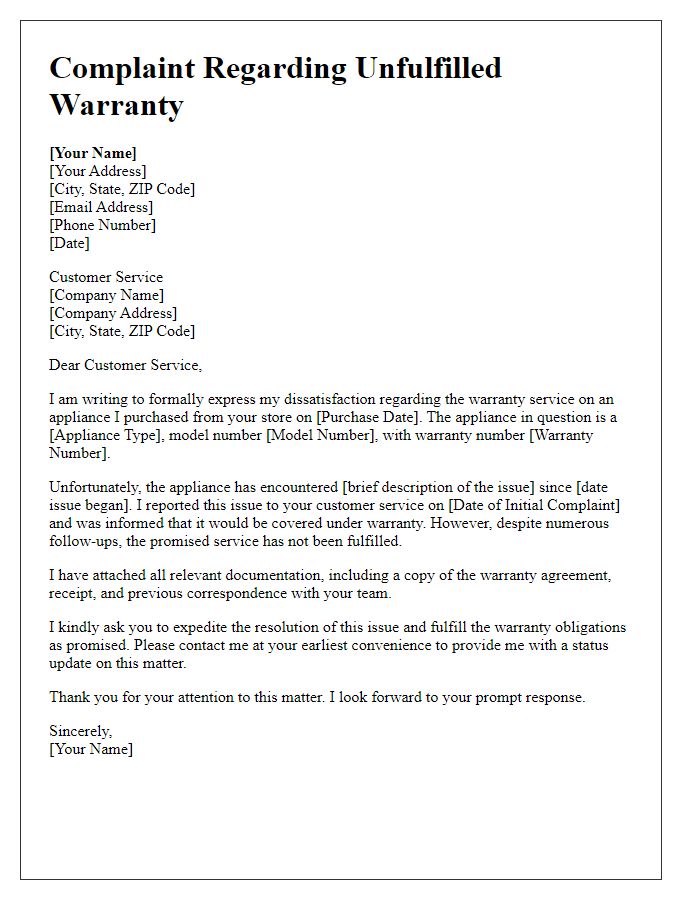 Letter template of appliance purchase complaint about unfulfilled warranty.