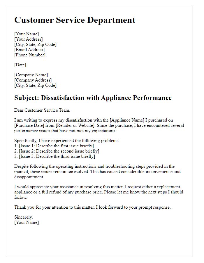 Letter template of appliance purchase dissatisfaction with performance issues.