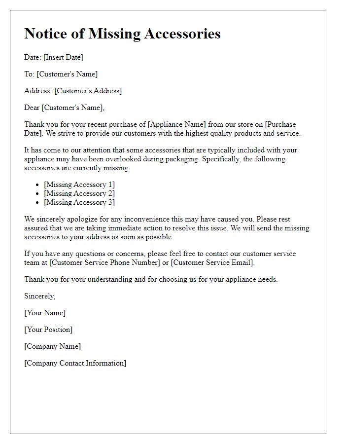 Letter template of appliance purchase notice for missing accessories.