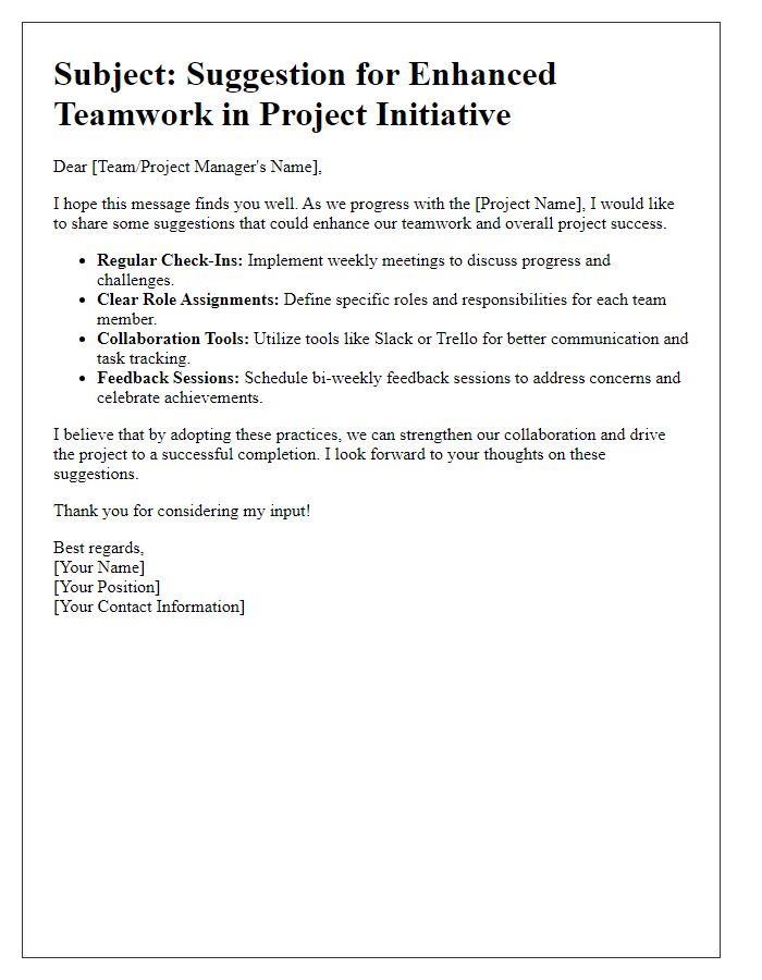 Letter template of suggestion for teamwork in project initiative