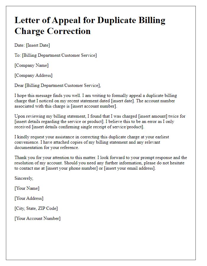 Letter template of appeal for duplicate billing charge correction