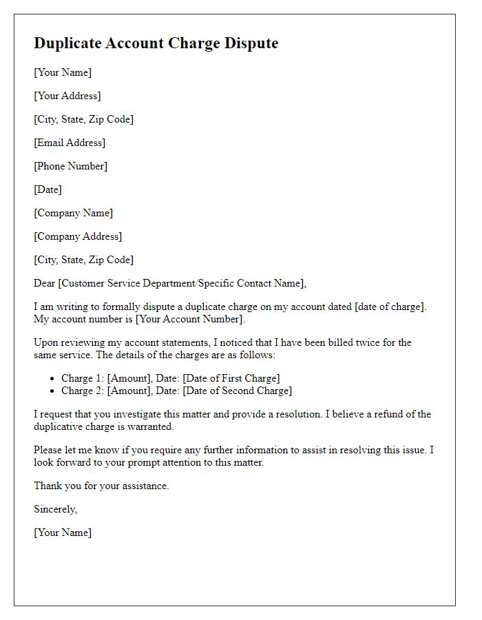 Letter template of duplicate account charge dispute