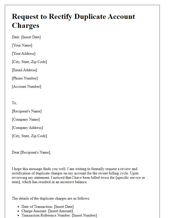 Letter template of request to rectify duplicate account charges