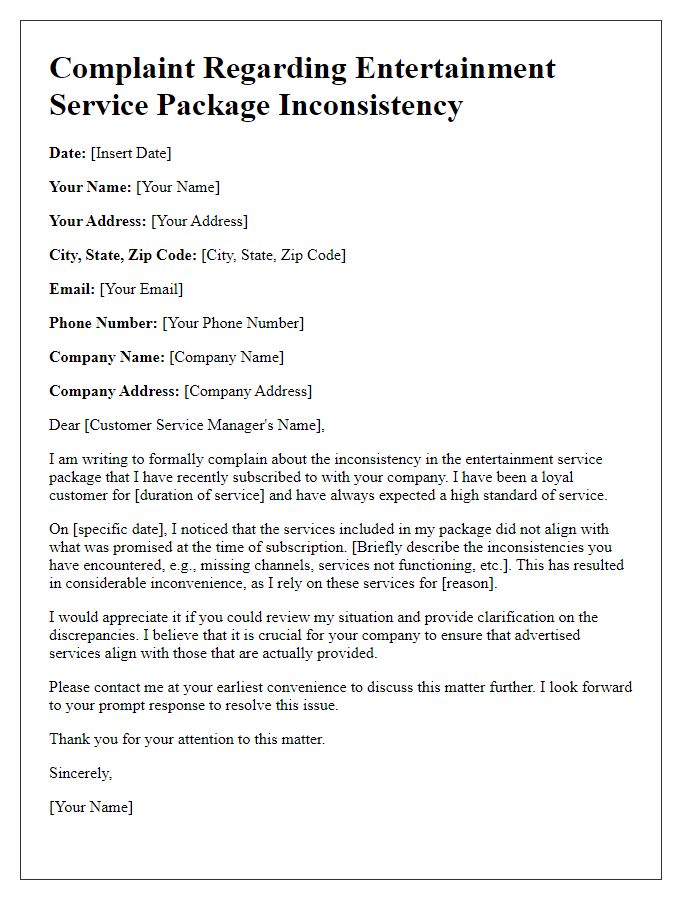 Letter template of complaint regarding entertainment service package inconsistency.