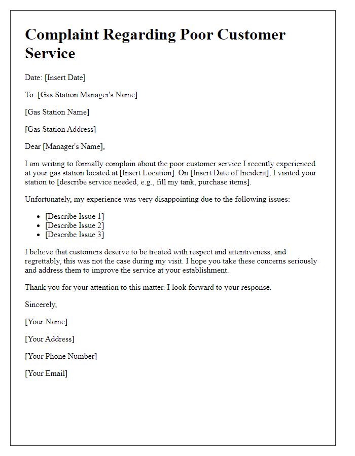 Letter template of gas station service complaint focused on poor customer service.