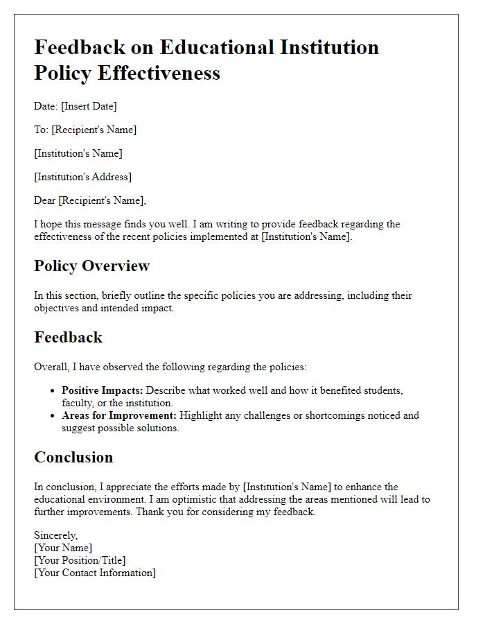 Letter template of feedback on educational institution policy effectiveness