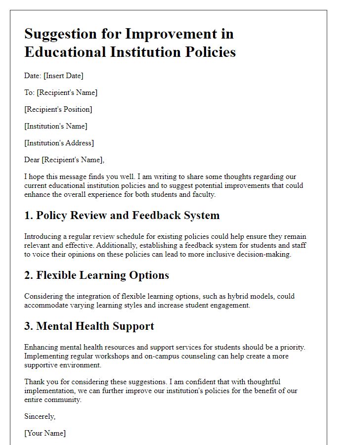 Letter template of suggestion for improvement in educational institution policies