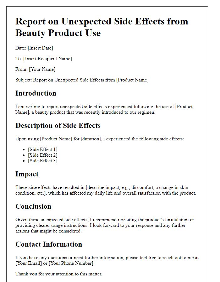 Letter template of report on unexpected side effects from beauty product use.