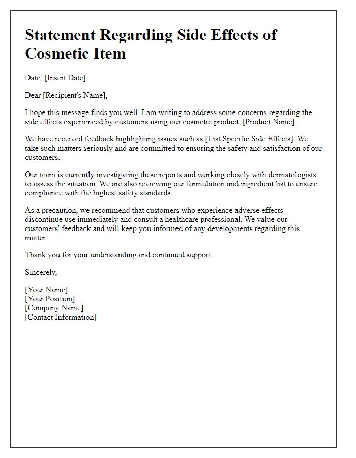 Letter template of statement addressing issues with cosmetic item side effects.