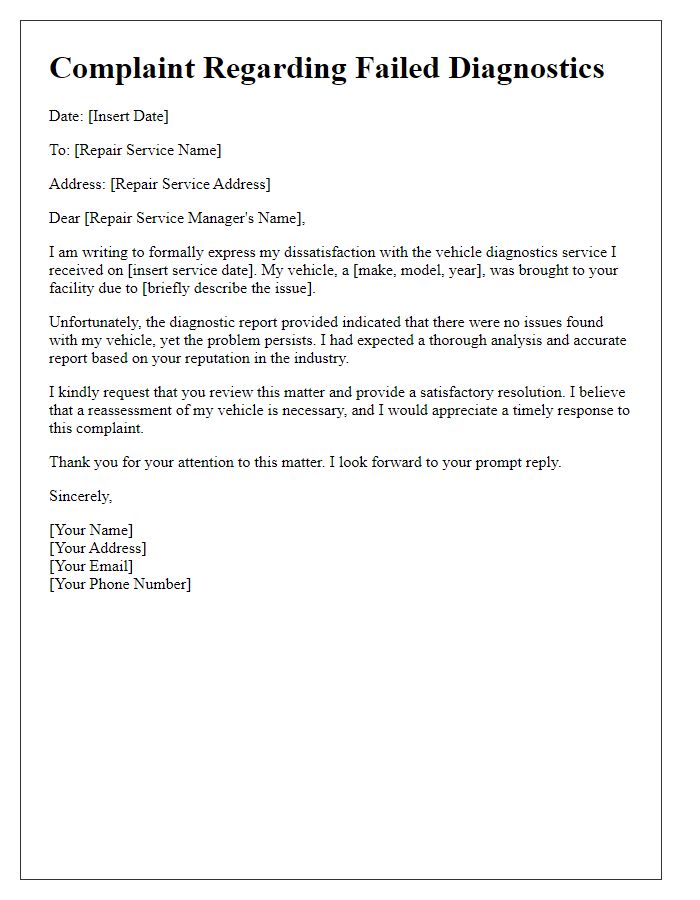 Letter template of vehicle repair service complaint for failed diagnostics.