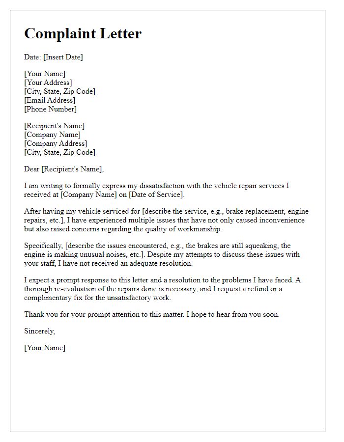 Letter template of vehicle repair service complaint regarding poor workmanship.