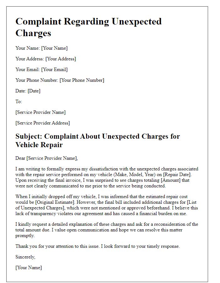 Letter template of vehicle repair service complaint for unexpected charges.