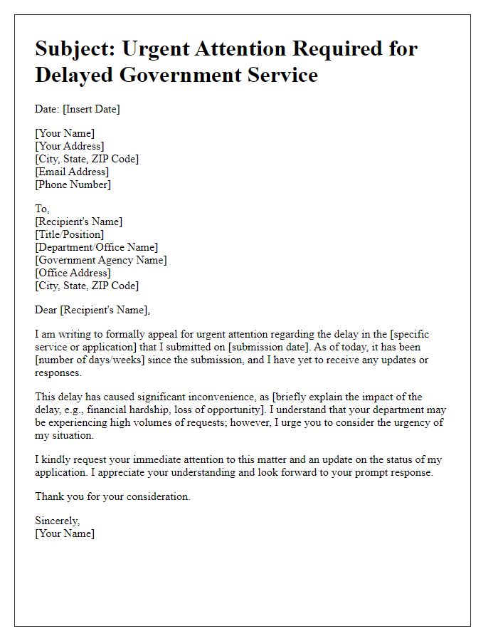 Letter template of appeal for urgent attention on delayed government service.