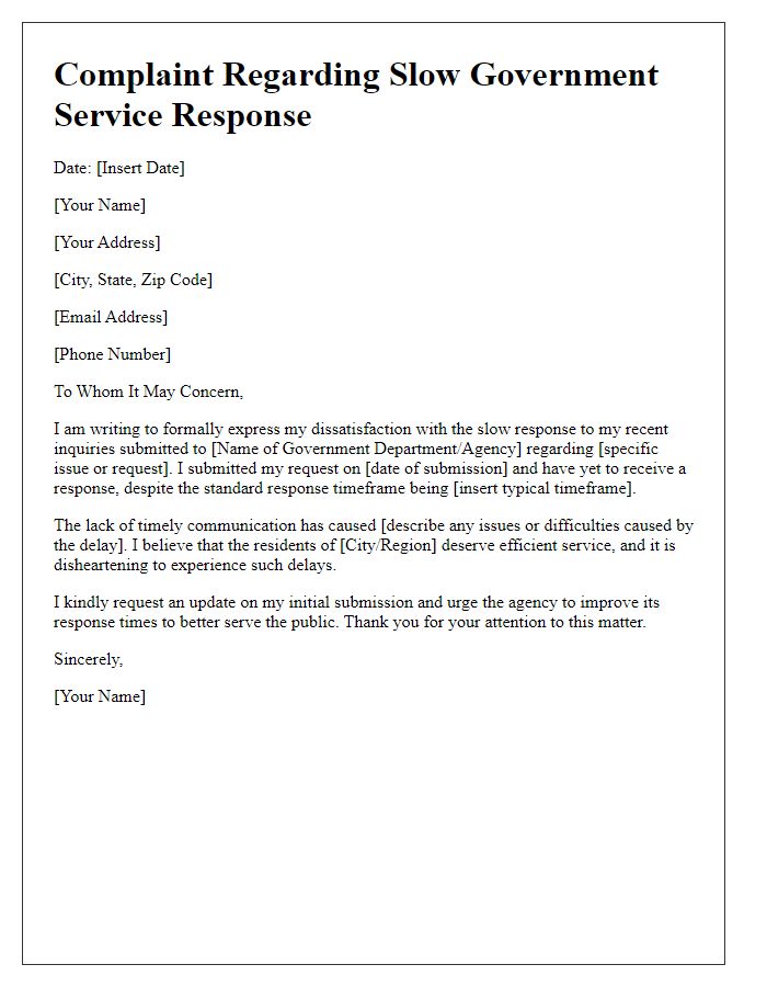 Letter template of complaint regarding slow government service response.