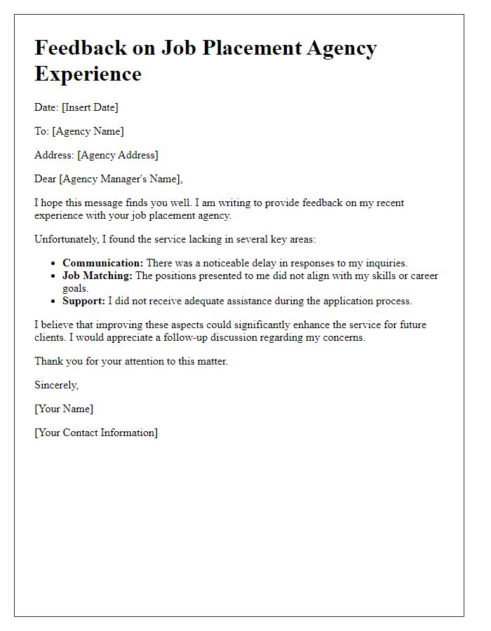 Letter template of feedback on poor job placement agency experience