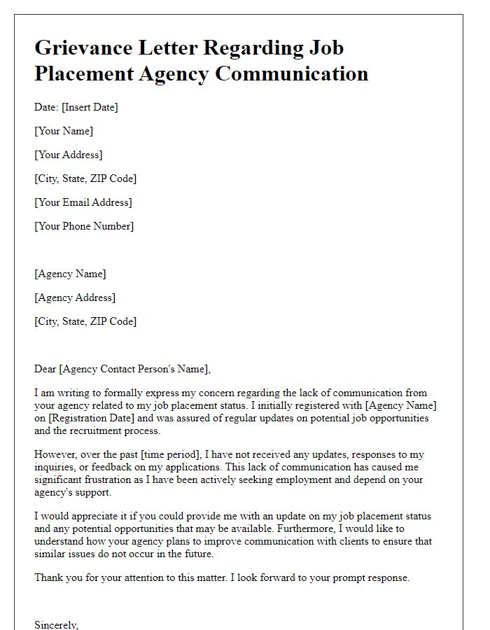 Letter template of grievance regarding job placement agency communication