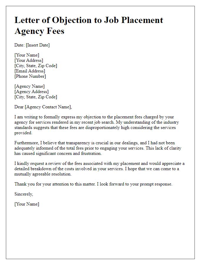 Letter template of objection to job placement agency fees