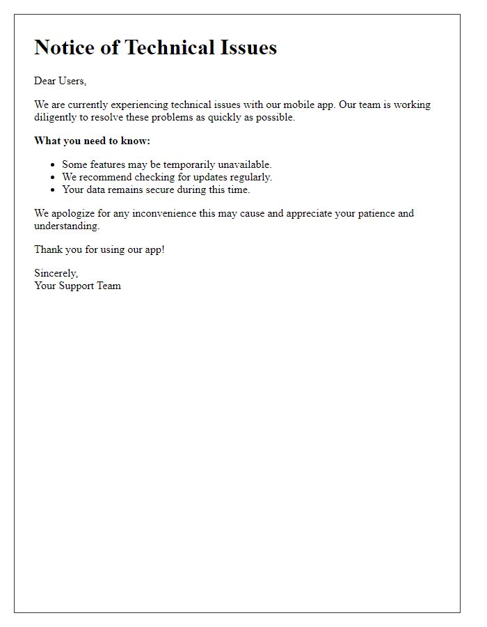 Letter template of alert for mobile app technical issues.