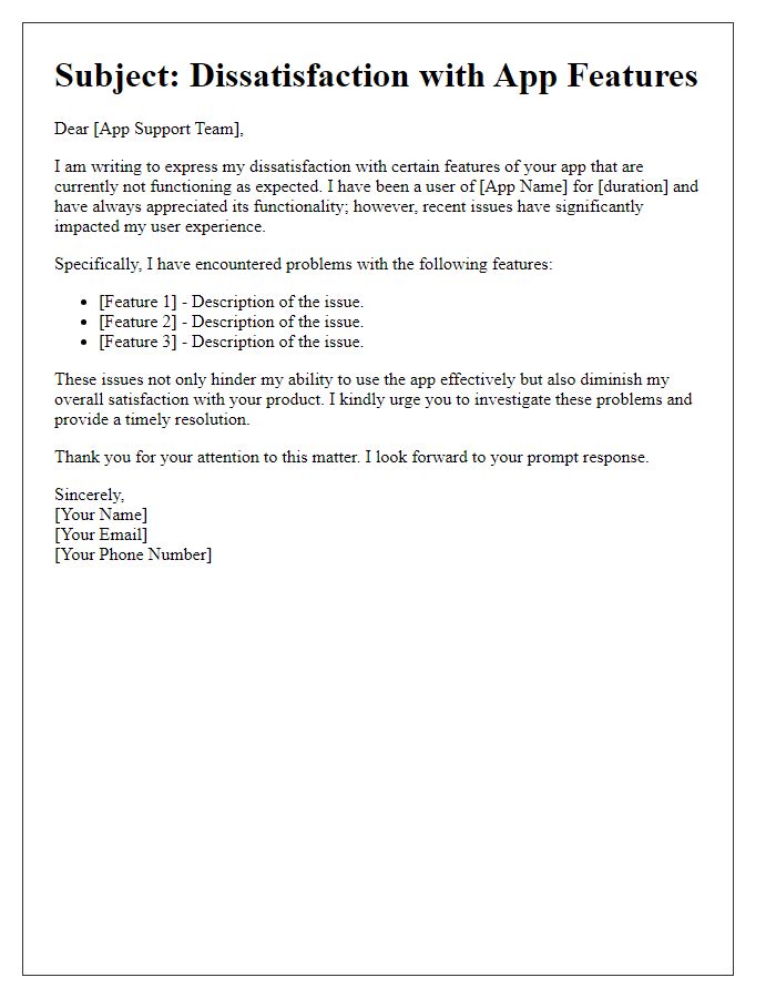Letter template of dissatisfaction with app features not working.