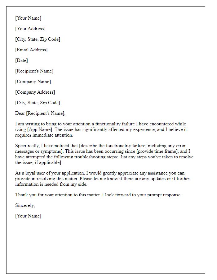 Letter template of inquiry regarding app functionality failure.