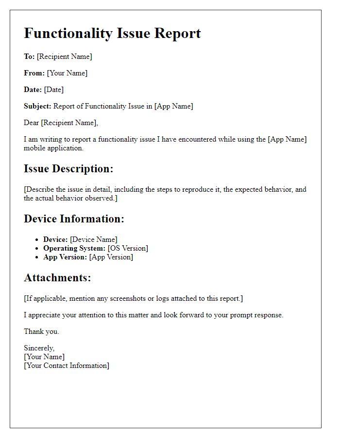 Letter template of mobile app functionality issue report.