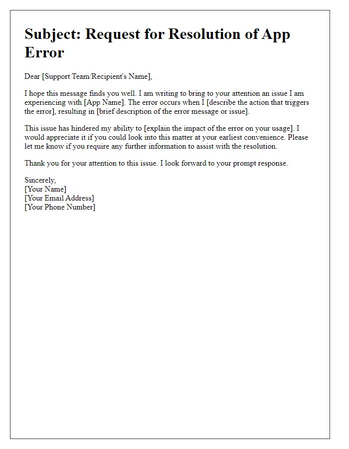 Letter template of request for app error resolution.