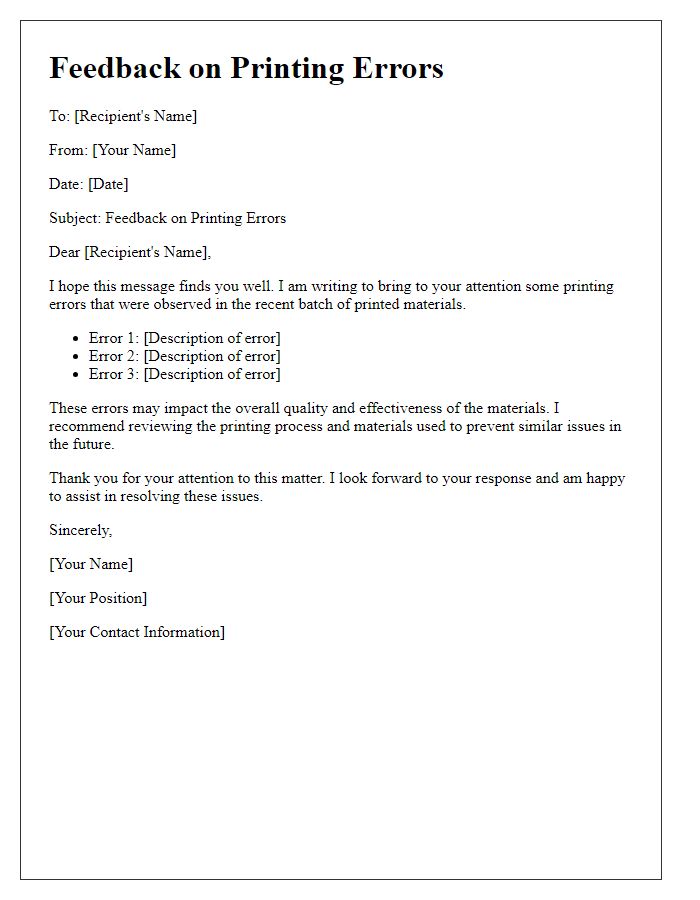 Letter template of feedback on printing errors