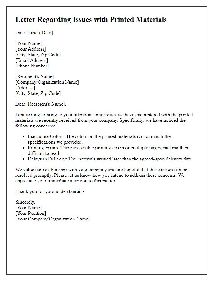 Letter template of issues with printed materials