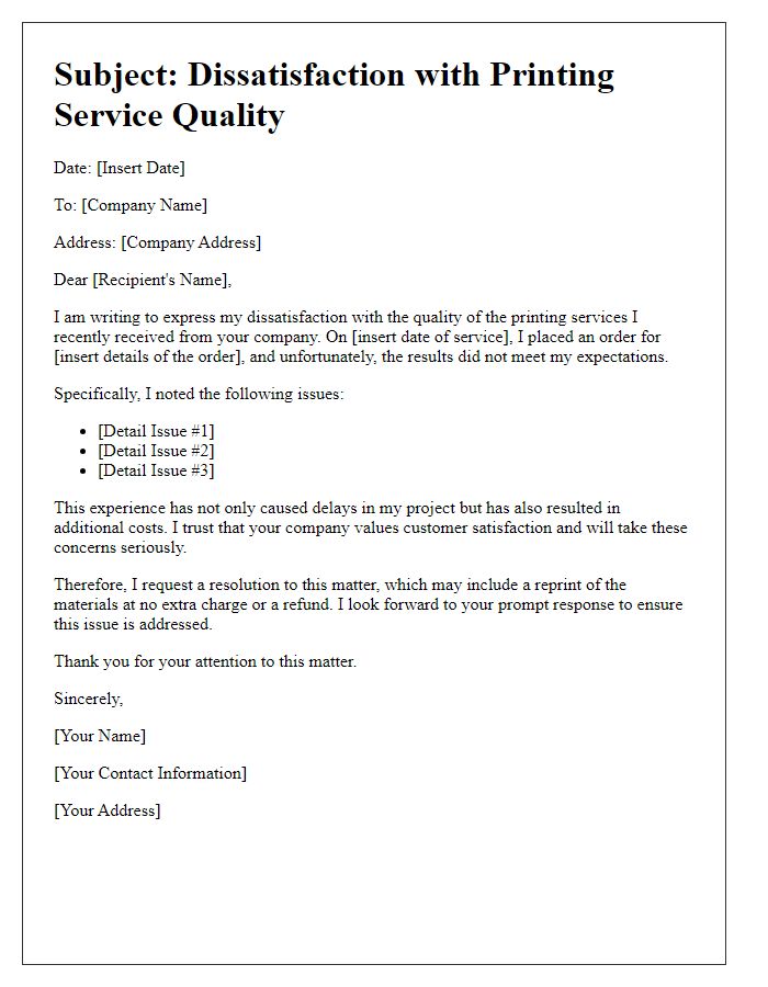 Letter template of printing service quality dissatisfaction