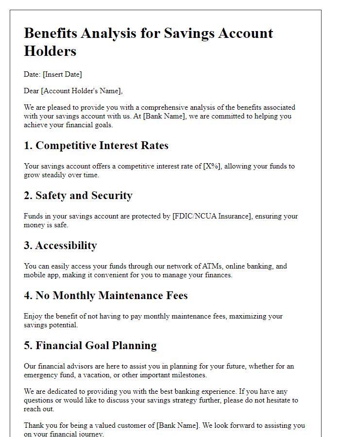 Letter template of Benefits Analysis for Savings Account Holders