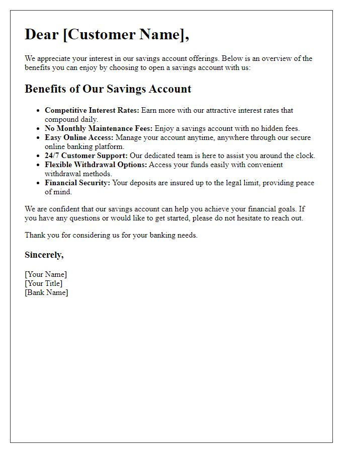 Letter template of Overview of Savings Account Benefits